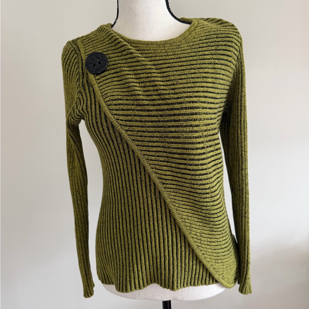Olive Green Asymmetric Ribbed Knit Sweater with Button Detail